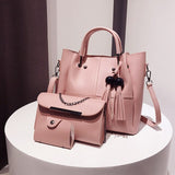 3pcs/set Handbag Beads Tassel Shoulder Totes Bags Leather Solid Capacity Clutch Bucket - Presidential Brand (R)