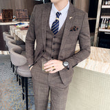 ( Jacket + Vest + Pants )  Plaid Casual Business Suit High-end Social Formal 3 Pcs Set