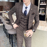 ( Jacket + Vest + Pants )  Plaid Casual Business Suit High-end Social Formal 3 Pcs Set