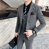 ( Jacket + Vest + Pants )  Plaid Casual Business Suit High-end Social Formal 3 Pcs Set