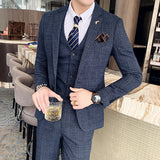 ( Jacket + Vest + Pants )  Plaid Casual Business Suit High-end Social Formal 3 Pcs Set