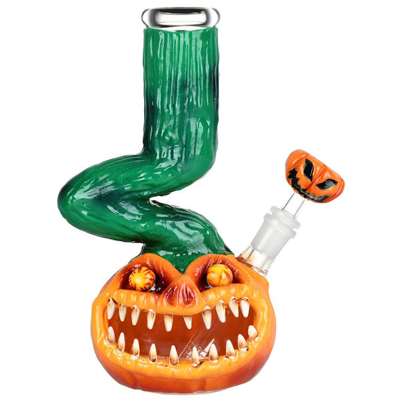 Bent Neck Scary Pumpkin Enamel On Glass Bong - 10