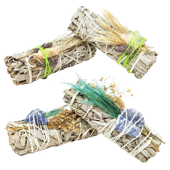 White Sage Floral Smudge Stick & Crystal Stone Bundle | 4
