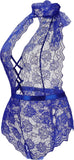 Plus Size Lingerie for Women Sexy Halter Teddy Bodysuit Lace Deep V One Piece Chemise Clubwear Blue,Xxl