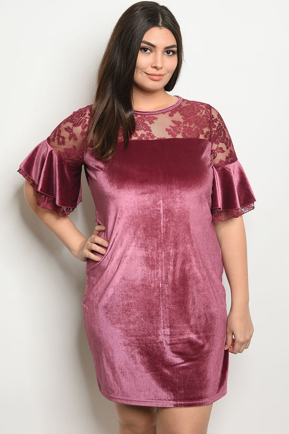Women's Plus Size Mauve Short Sleeve Shift Dress wiht Lace Details and a Crew Neckline(6 pcs/ Bundle) - Presidential Brand (R)