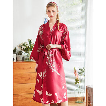 Red Long Sleeve Floral Bridal Silk Kimono Nightgown Robes - Presidential Brand (R)