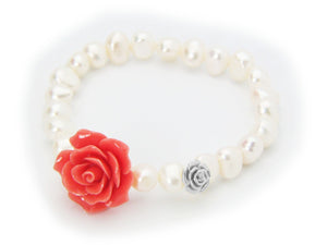 Ceramic Pink Rose Fresh Water Pearl Stretch Bracelet in Sterling Silver - Presidential Brand (R)