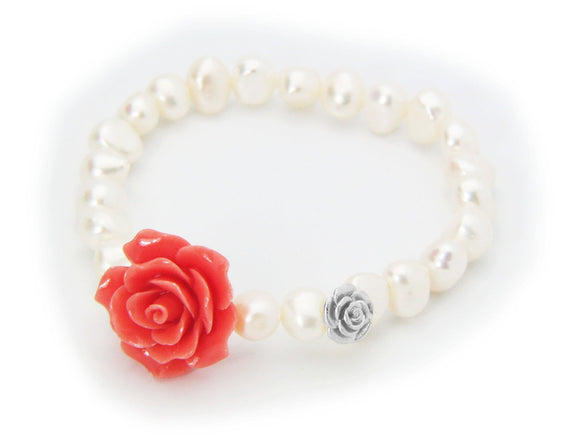 Ceramic Pink Rose Fresh Water Pearl Stretch Bracelet in Sterling Silver - Presidential Brand (R)