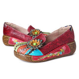 SOCOFY Retro Floral Embossed Genuine Leather Casual Slip On Platform Shoes - Presidential Brand (R)