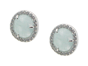 Silver Rhodium Plated Aqua Studs Earrings  8mm  Cz Around - Presidential Brand (R)