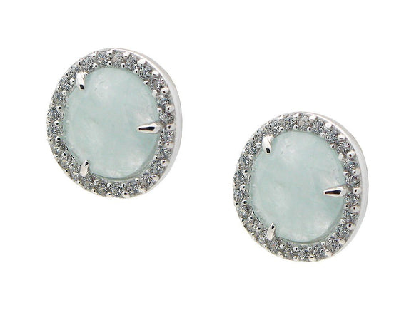 Silver Rhodium Plated Aqua Studs Earrings  8mm  Cz Around - Presidential Brand (R)