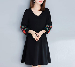 Womens V Neck Dress with Embroidered Sleeves - Presidential Brand (R)