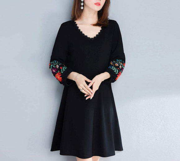 Womens V Neck Dress with Embroidered Sleeves - Presidential Brand (R)