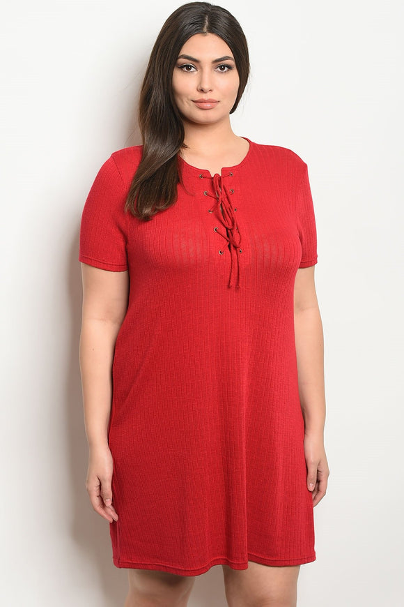 Women's Plus Size Red Short Sleeve Lace Up Detail Ribbed Knit Tunic Dress(6 pcs/ Bundle) - Presidential Brand (R)
