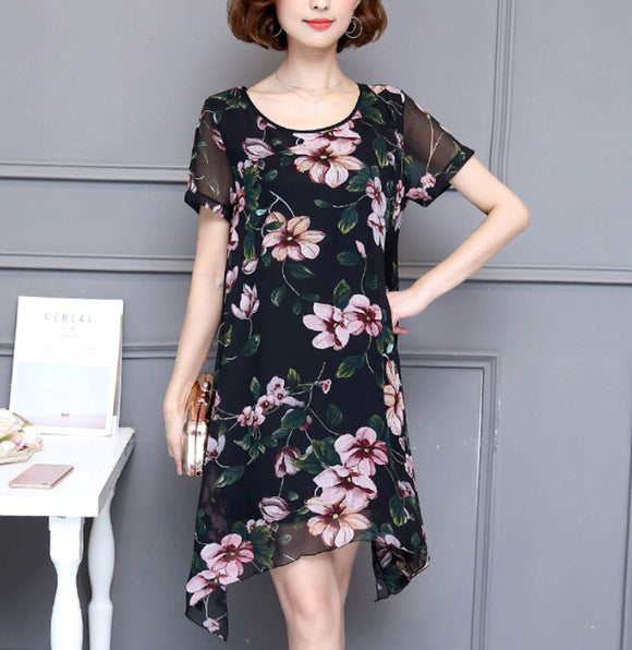 Womens Uneven Short Sleeve Floral Dress - Presidential Brand (R)
