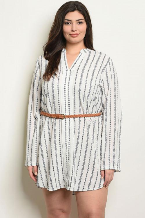 Women's Plus Size Ivory Navy Long Sleeve Striped Belted Tunic Shirt Dress(6 pcs/ Bundle) - Presidential Brand (R)