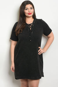 Women's Plus Size Black Short Sleeve Lace Up Detail Mineral Wash Tunic Top Dress(6 pcs/ Bundle) - Presidential Brand (R)