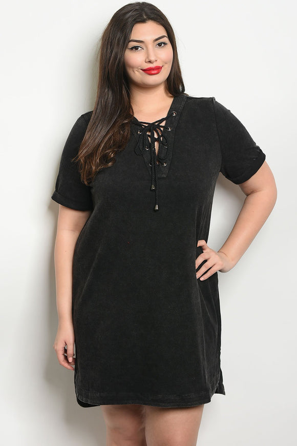 Women's Plus Size Black Short Sleeve Lace Up Detail Mineral Wash Tunic Top Dress(6 pcs/ Bundle) - Presidential Brand (R)