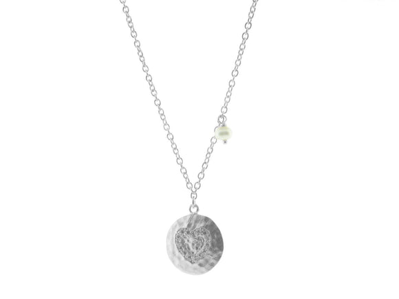 Hammered CZ Heart Pendant with Dangling Pearl Necklace in Gunmetal Silver, 16