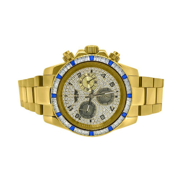 Gold Daytona Watch Blue White Baguette CZ Bezel - Presidential Brand (R)