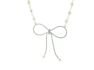 Bow Pendant Mini Pearl Necklace and Cz Sterling Silver - Presidential Brand (R)