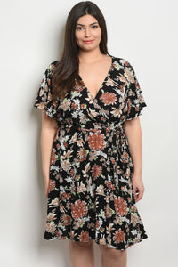 Women's Plus Size Black Floral Short Sleeve V-Neck Floral Wrap Style Dress(6 pcs/ Bundle) - Presidential Brand (R)