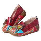 SOCOFY Retro Floral Embossed Genuine Leather Casual Slip On Platform Shoes - Presidential Brand (R)