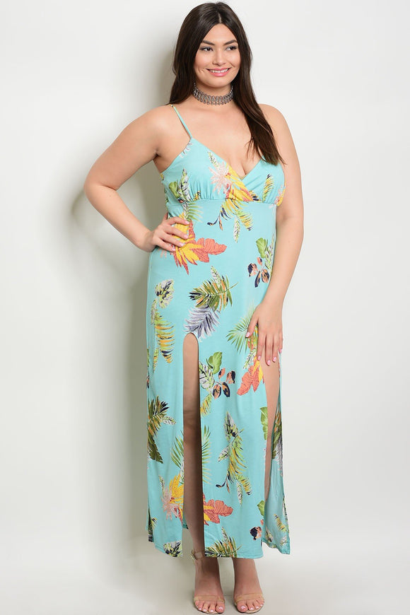 Women's Plus Size Aqua Yellow Print Midi Dress V-Neck Side Slits Along (6 pcs/ Bundle) - Presidential Brand (R)