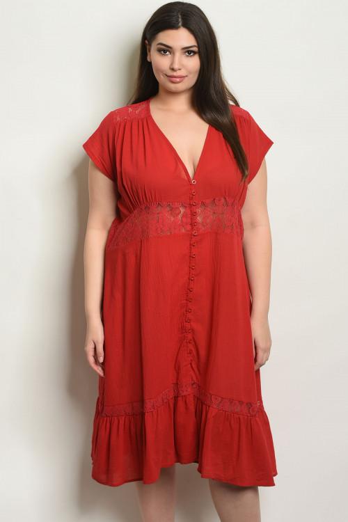 Women's Plus Size Red Short Sleeve Ruffled Midi Tunic Dress(6 pcs/ Bundle) - Presidential Brand (R)