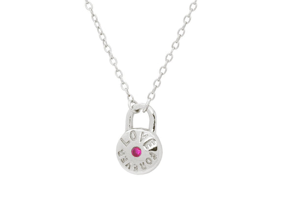 Red Cz Love Forever Lock Pendant Necklace in Rhodium Plated SIlver 16