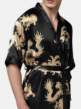 Robe Mens Plus Size Retro Luxury Stain Japanese Kimono Chinese Dragon Ice Silk Sleepwear - Presidential Brand (R)