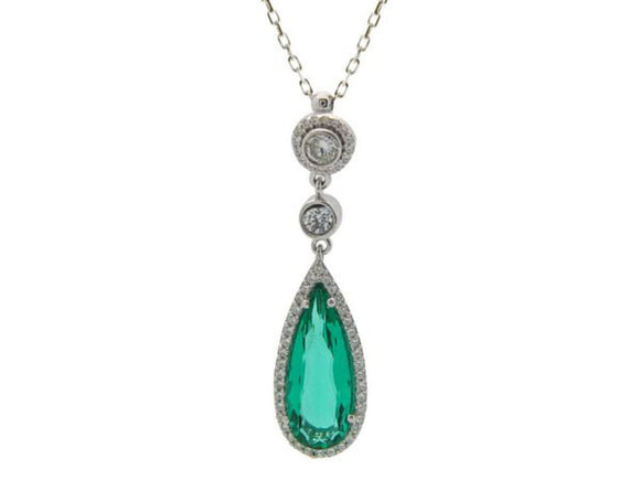 925 Sterling Silver Synthetic Emerald Pendant & White CZ Charm Necklace 16