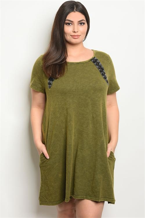 Women's Plus Size Olive Washed Short Sleeve Round Neckline Tunic Dress(6 pcs/ Bundle) - Presidential Brand (R)