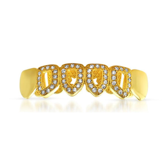 Gold Grillz Polished 4 Open Tooth CZ Bottom - Presidential Brand (R)