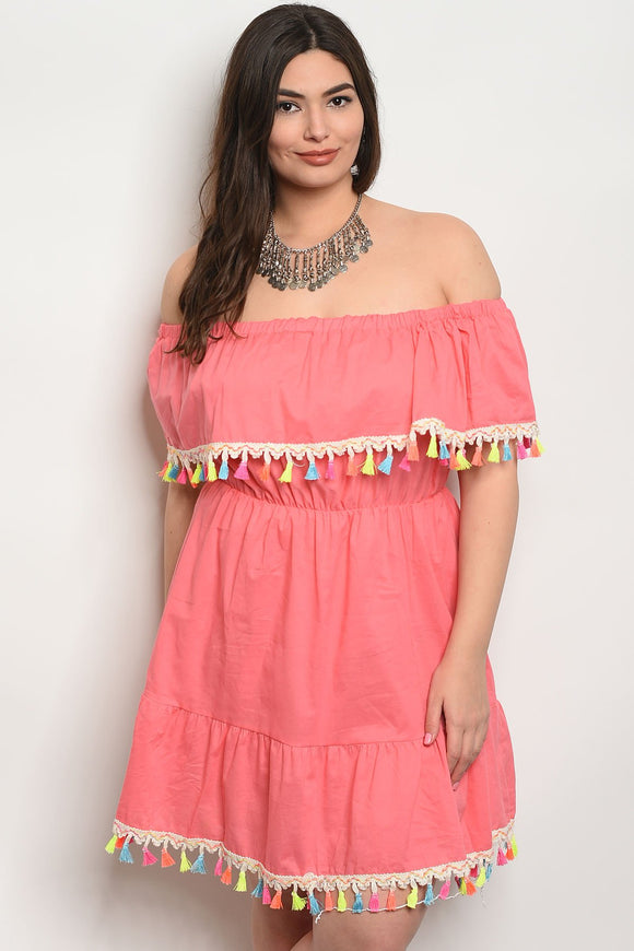 Women's Plus Size Coral Short Sleeve Off The Shoulder Pom Pom Trim Tunic Dress (6 pcs/ Bundle) - Presidential Brand (R)