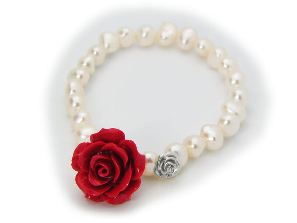 Luscious Red Ceramic Rose Fresh Water Pearl Stretch Bracelet in Sterling Silver - Presidential Brand (R)