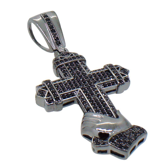 Small Black Praying Hands Cross Pendant CZ - Presidential Brand (R)