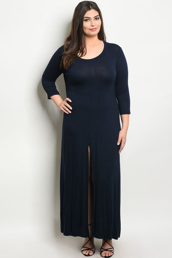 Women's Plus Size Dark Navy 3/4 Sleeve Scoop Neck Front Slit Jersey Dress(6 pcs/ Bundle) - Presidential Brand (R)