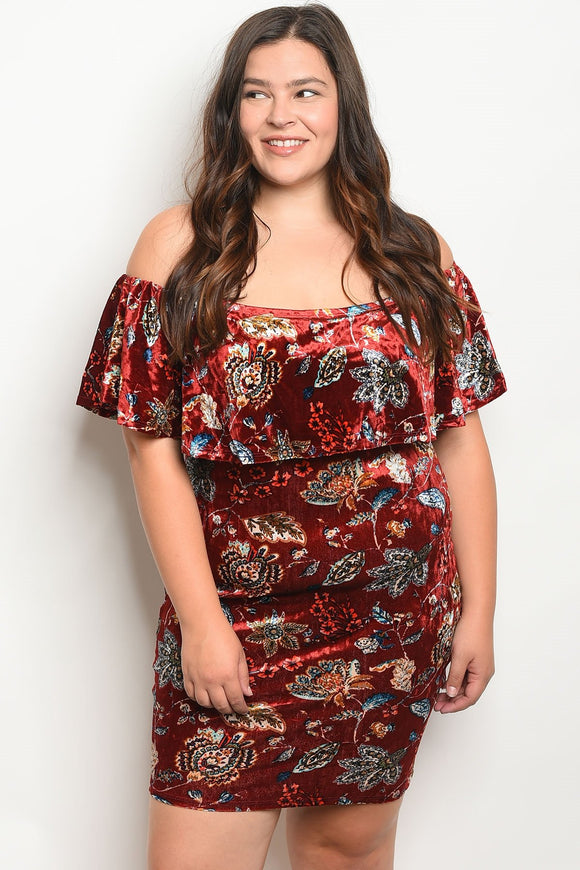 Women's Plus Size Burgundy Floral Short Sleeve Off The Shoulder Ruffled Velvet Dress(6 pcs/ Bundle) - Presidential Brand (R)