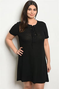 Women's Plus Size Black Short Sleeve Lace Up Detail Ribbed Knit Tunic Dress(6 pcs/ Bundle) - Presidential Brand (R)
