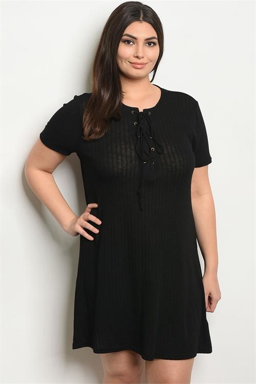 Women's Plus Size Black Short Sleeve Lace Up Detail Ribbed Knit Tunic Dress(6 pcs/ Bundle) - Presidential Brand (R)