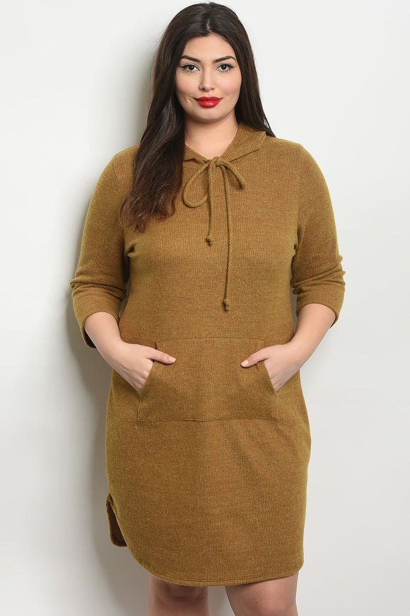 Women's Plus Size Mustard Long Sleeves Hooded Slub Knit Tunic Dress(6 pcs/ Bundle) - Presidential Brand (R)