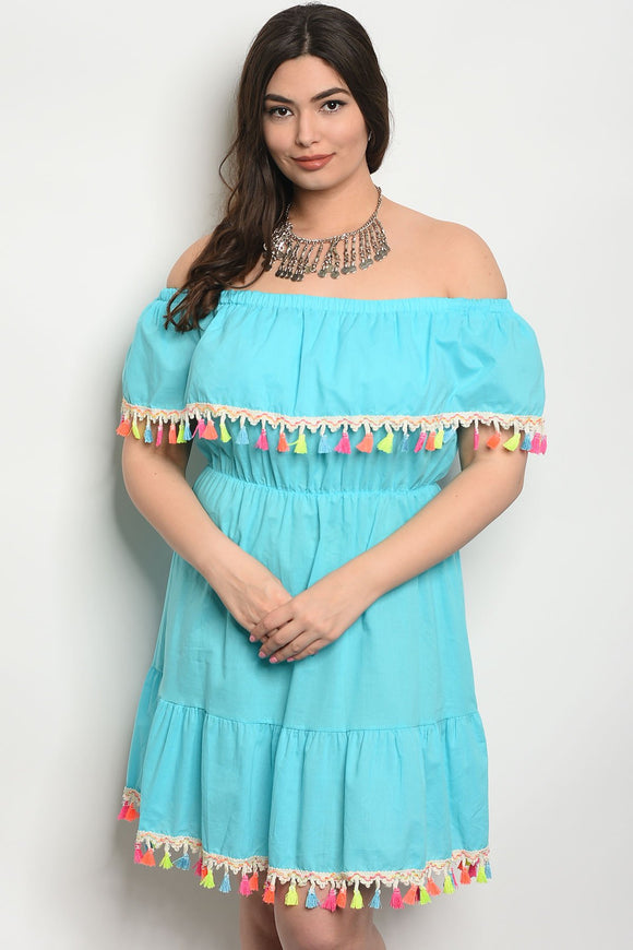 Women's Plus Size Aqua Short Sleeve Off The Shoulder Pom Pom Trim Tunic Dress (6 pcs/ Bundle) - Presidential Brand (R)
