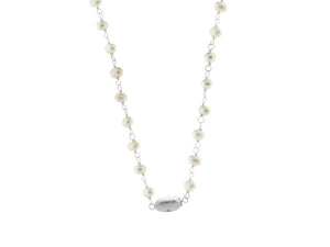 Rhodium Pl Silver Fresh Water Pearl & Hammered CZ Bead Necklace, 16" - Presidential Brand (R)