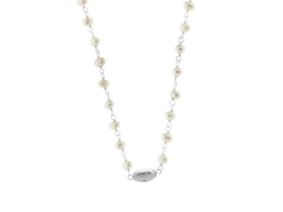 Rhodium Pl Silver Fresh Water Pearl & Hammered CZ Bead Necklace, 16