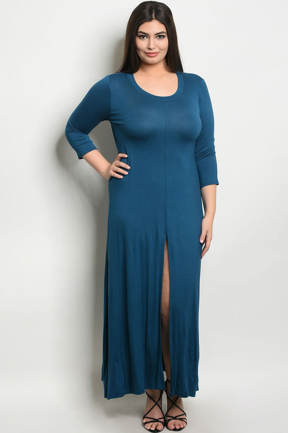 Women's Plus Size Turquoise 3/4 Sleeve Scoop Neck Front Slit Jersey Dress(6 pcs/ Bundle) - Presidential Brand (R)