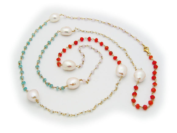 Multi-Color Natural Stone & White Rice Pearl Necklace, 38