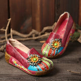 SOCOFY Retro Floral Embossed Genuine Leather Casual Slip On Platform Shoes - Presidential Brand (R)