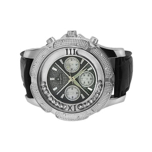 Floating Ice Black Dial Chrono Black Leather Silver Watch - Presidential Brand (R)