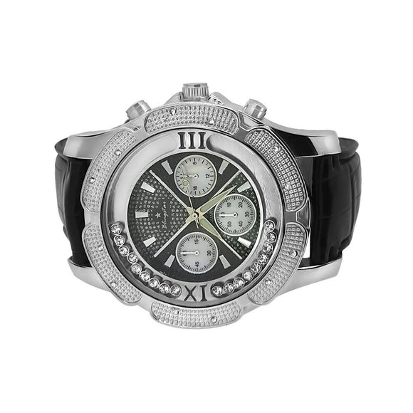 Floating Ice Black Dial Chrono Black Leather Silver Watch - Presidential Brand (R)